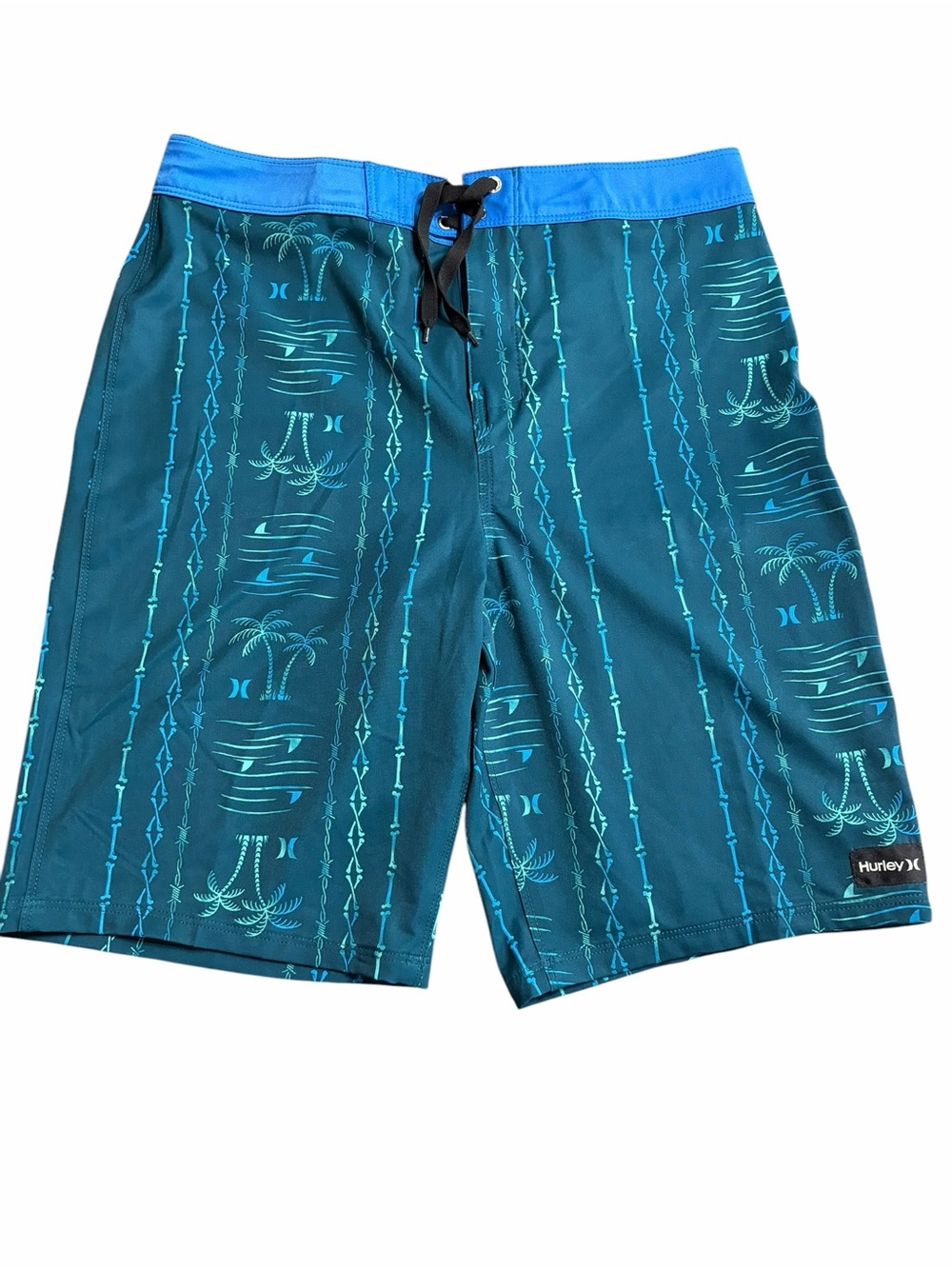 Hurley Teal & Aqua Palm-Stripe Swim Trunks